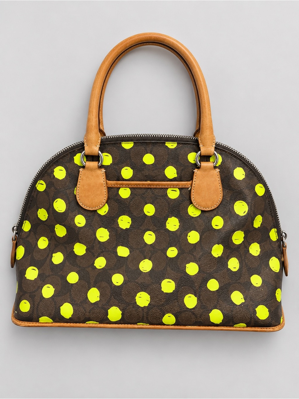 Coach Cora Dome Brown Leather Satchel with Yellow Dot Print - Picture 3 of 7